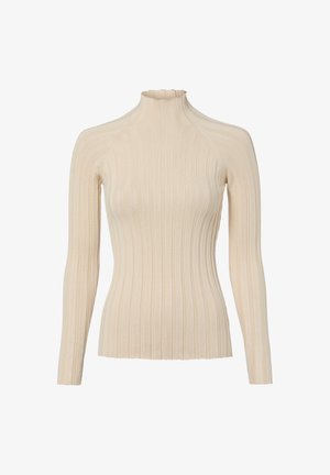 Beige ribbed long-sleeve top with a high neck, featuring a fitted design and textured fabric. Close-fitting silhouette with a raw hem.