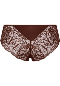 Slip hipster in pizzo marrone con un intricato motivo floreale, tessuto morbido e bordi ondulati per un tocco di dettagli.