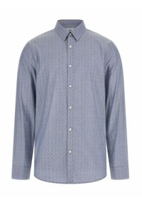 Langärmeliges Hemd zum Knöpfen in Hellblau, mit einem geometrischen Muster, weichem Stoff und klassischem Kragen mit weißen Knöpfen.