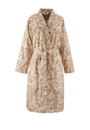 Beige knielanger Morgenmantel mit langen Ärmeln, Blumenmuster in Weiß, Orange und Grün sowie einem passenden Gürtel in der Taille.