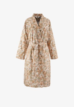Beige knee-length robe with long sleeves, floral print in white, orange, and green, and a matching belt at the waist.