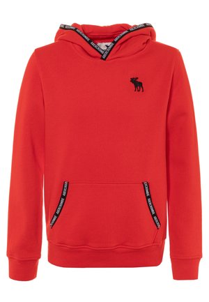Czerwona bluza z kapturem z czarnym logo łosia na klatce piersiowej, przednia kieszeń kangurka z czarną lamówką "Abercrombie" oraz kaptur z dopasowaną ozdobną lamówką z logo.