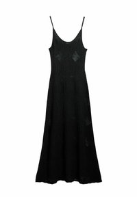 Black crochet dress featuring thin straps, a relaxed fit, and a patterned texture with oval geometric designs. Below knee-length.