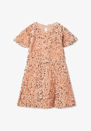 Sukienka z cekinami w delikatnym brzoskwiniowym kolorze, z krótkimi rękawami, okrągłym dekoltem i zapięciem w kształcie otworu na plecach. Tekstura ozdobiona licznymi błyszczącymi dyskami.