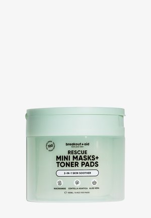 Boîte de 100 tampons Breakout + Aid Rescue Mini Masks + Toner Pads, étiquetée comme apaisant cutané 2-en-1 avec niacinamide, centella asiatica et aloe vera.