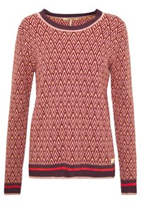 Gestreifter Pullover in Kastanienbraun mit einem geometrischen Muster in Creme und Gelb, ausgestattet mit einem runden Ausschnitt und gestreiften Bündchen in Rot und Dunkelbraun.