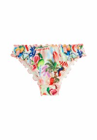 Blommönstrad bikiniunderdel med flerfärgade tropiska mönster. Volangkanter i rosa, med livfulla grafiska motiv på en ljus bakgrund.