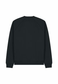 Sweatshirt noir avec col rond, manches raglan et poignets côtelés. Présente une texture de tissu lisse et un design uni.