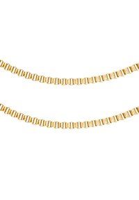 Collana a catena tono oro con aderenze rettangolari, caratterizzata da una finitura liscia e una texture uniforme e lucida. Due file disposte orizzontalmente.
