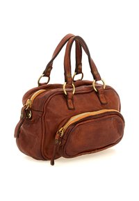 Borsa a tracolla in pelle marrone con doppi manici, chiusure con zip dorata sul comparto principale e sulla tasca frontale, e bordi arrotondati su uno sfondo bianco.