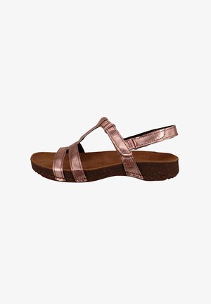 Metallic rose gold sandals with multiple straps and a cork-like sole, featuring a toe loop and a back ankle strap for support.
