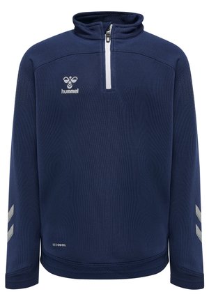 Dunkelblauer Halbzip-Sportpullover aus strukturiertem Material mit reflektierenden silbernen Akzenten und einem kleinen Markenlogo auf der Brust.