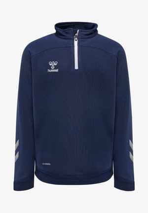 Marineblauwe sportpullover met halfrits, van een textuurstof, met reflecterende zilveren accenten en een klein merkimago op de borst.