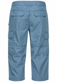 Light blue cargo shorts featuring a relaxed fit, textured fabric, knee-length design, and multiple side pockets for storage.