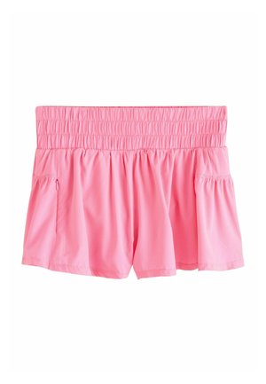 Rózsaszín elasztikus derékpántú rövidnadrág, összehúzott anyaggal és oldalzsebekkel, alkalmi vagy sportos viseletre tervezve.