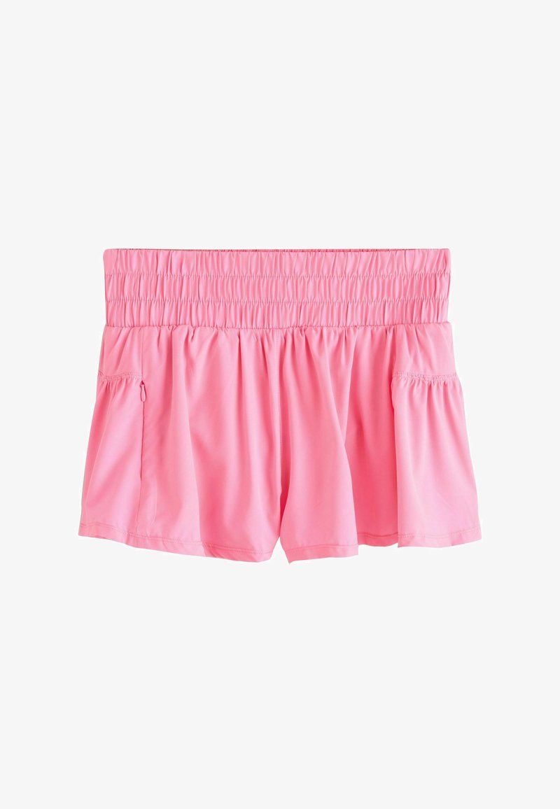 Shorts à taille élastique rose avec tissu froncé et poches latérales, conçus pour un usage décontracté ou sportif.