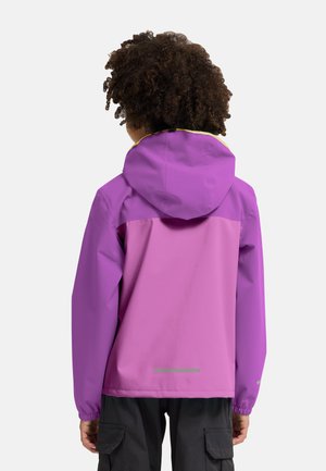 Purple waterproof jacket with a hood, featuring a yellow trim and elastic cuffs. Reflective accent at the back. Lightweight fabric.