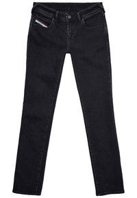 Jean noir slim avec cinq poches, fermeture par boutons, et étiquette de marque visible sur la petite poche avant.