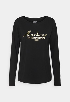 Black long-sleeve shirt with rounded neckline and gold text "Barbour INTERNATIONAL" printed on the front.