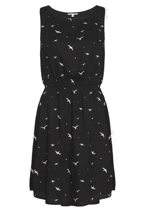 Schwarzes ärmelloses Kleid mit tailliertem Schnitt, verziert mit einem weißen Vogelmotiv und kleinen Punkten über den gesamten Stoff. Hergestellt aus leichtem Stoff.