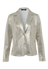 Metalen gouden blazer met een notch-lapel, enkele knoopsluiting en decoratieve zijritsen; gladde textuur met een licht glanzende afwerking.
