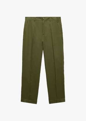 Olijfgroene broek gemaakt van een gladde stof, met een knoopsluiting, twee zijzakken en een recht model.