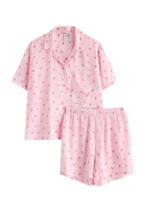Lyserød kortærmet skjorte med knapper og shorts med elastik i taljen, med små ferskenfrugtprint på blødt stof.