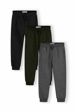 Drie paar kinderrijbroekjes met elastische taille in zwart, donkergroen en grijs, met zijzakken en trekkoorden.