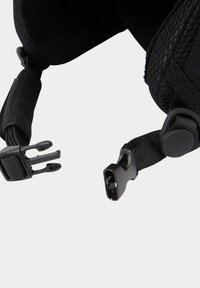 Black ergonomic neck support with adjustable straps and quick-release buckles. Features textured fabric and durable stitching details.
