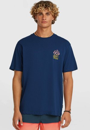 Navy blue t-shirt in cotton with short sleeves, featuring a colorful graphic logo on the chest and a relaxed fit.