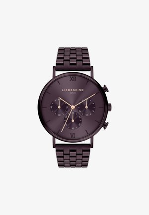 Montre ronde, de couleur violet foncé avec un bracelet en métal. Comprend trois sous-cadrans et des accents dorés. Chiffres romains à 12 et 6. Design élégant et minimaliste.