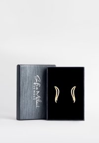 Orecchini in tonalità oro con design curvo e accenti di cristallo. Presentati in una scatola rivestita di velluto nero, con un logo argento sulla parte superiore.