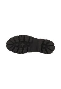 Suela de bota negra y resistente con profundos surcos y patrones de banda de rodadura en forma de cruz para una mejor tracción y durabilidad.