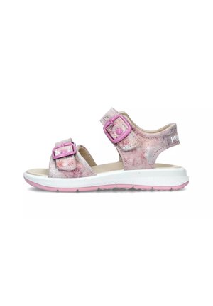 Sandali rosa glitterati con due fibbie regolabili, una soletta bianca e una suola rosa. Design aperto con una parte superiore morbida e testurizzata.