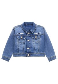 Jeansowa kurtka z długimi rękawami, jasnoniebieski kolor, dopasowany fason, dwie kieszenie na piersi oraz haft w kształcie serca wzdłuż ramion.