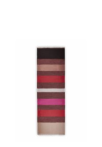 Katoenen plaid met horizontale strepen in verschillende tinten bruin, rood en roze, met franjes aan de randen voor extra textuur.
