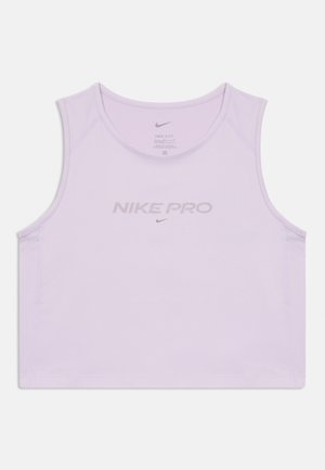 Lilac Nike Pro sporta topiņš, kas izgatavots no elpojoša auduma, ar apaļu kakla izgriezumu, bez piedurknēm un priekšējo logotipu tumšākā tonī.