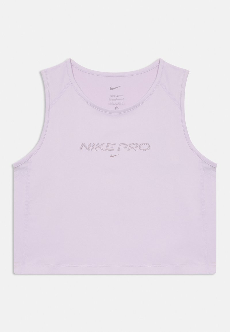 Ljubičasti Nike Pro majica bez rukava od prozračne tkanine, s okruglim izrezom i prednjim logotipom u tamnijoj nijansi.