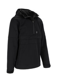 Zwarte pulloverjas met capuchon, met een halve rits aan de voorkant, een zak aan de voorkant en verstelbare manchet. Gladde textuur met een minimalistisch ontwerp.