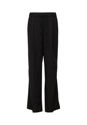 Czarne szerokie spodnie z elastycznym paskiem i sznurkiem, proste szerokie nogawki, lekki materiał, styl casual.