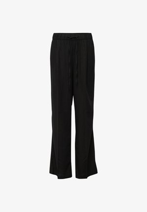 Black loose-fit pants with elastic waistband and drawstring, straight wide legs, lightweight fabric, casual style.