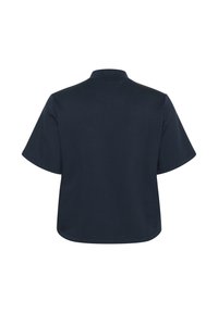 Short-sleeve, navy blue shirt with a straight cut and a fold-over collar. Smooth fabric texture, no visible patterns or hardware details.