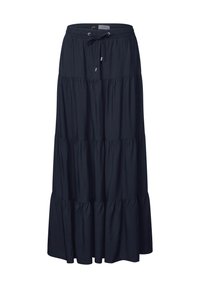 Gonna maxi blu navy realizzata in tessuto leggero, con design a strati, vita elastica con cordini e orlo svasato.