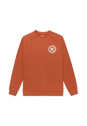 Rustfarvet sweatshirt med rund halsudskæring, raglanærmer og en cirkulær hvid logo på venstre brystområde. Blødt, tekstureret stof.