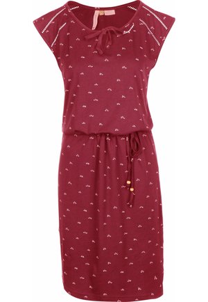 Viininpunainen polvipituinen mekko, jossa on pieniä valkoisia kukkakuvioita, lyhyet hihat leikkausyksityiskohdilla, pyöreä pääntie nyörisomisteella ja vyötäröllä kiristysnauha.