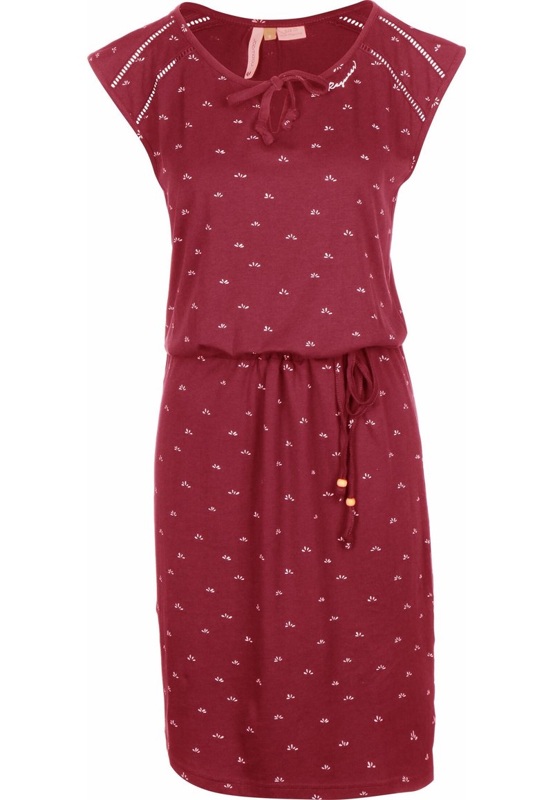 Robe bordeaux longueur genou avec petits motifs floraux blancs, manches courtes avec détails découpés, encolure ronde avec lien à nouer, et cordon de serrage à la taille.
