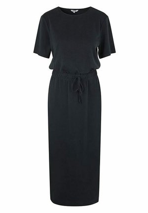 Zwarte jurk met korte mouwen van zachte stof, met een ronde hals en een elastische taille met een trekkoord voor verstelbaarheid.