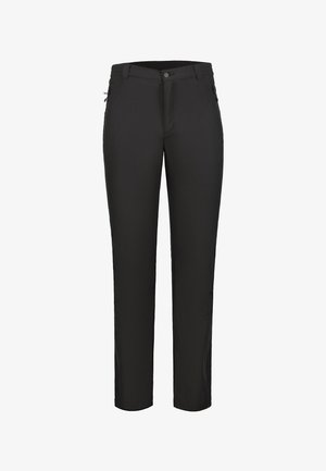 Schwarze Hose mit einem eleganten Design, gefertigt aus leichtem Stoff. Verfügt über einen Knopfverschluss, Reißverschlusstaschen und einen geraden Schnitt.