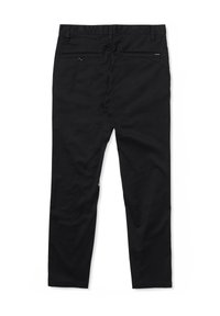 Black cotton trousers with a straight-leg design, featuring two back pockets and subtle branding on the rear waistband. Plain texture.