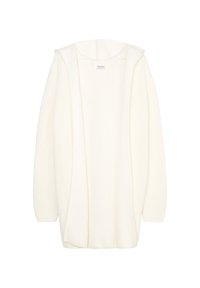 Světle krémový pletený cardigan s otevřeným předním dílem, dlouhými rukávy a kapucí, který se vyznačuje jemnou, silnou texturou.
